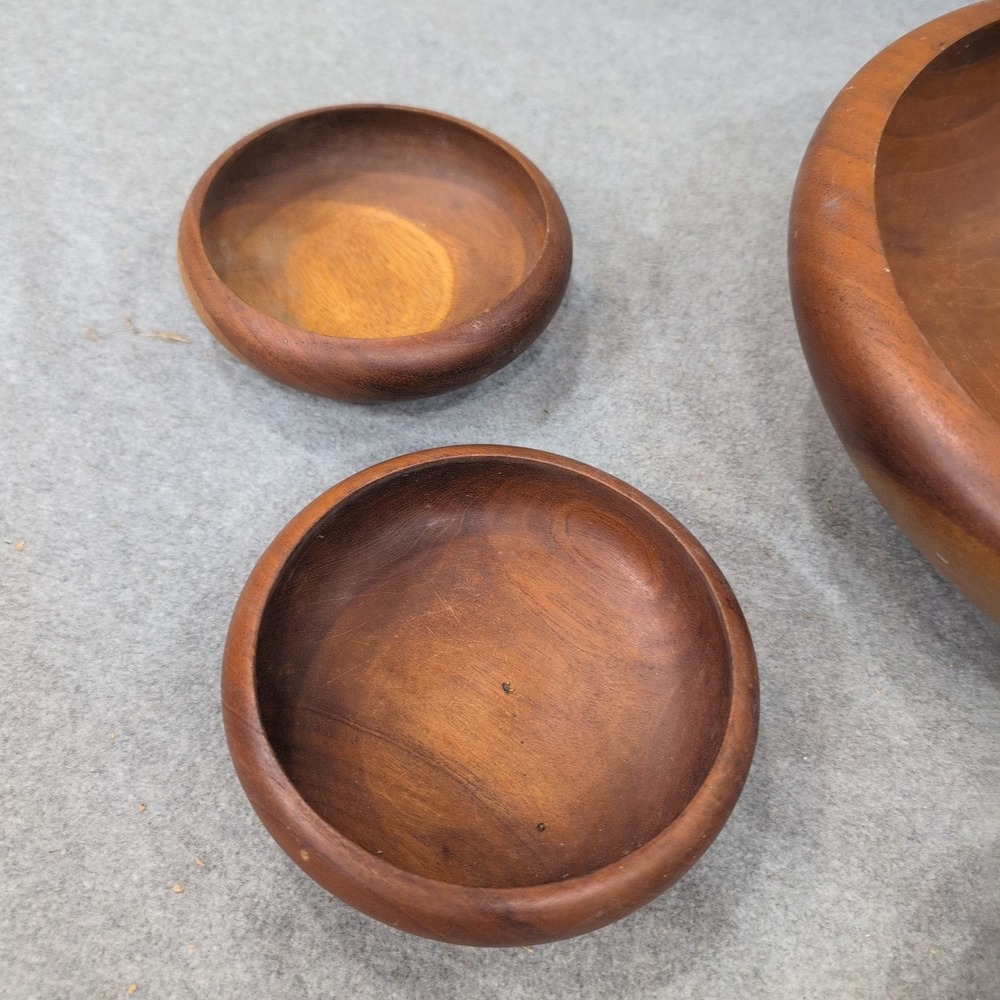 Vintage Mid Century Modern Solid Wood Salad Bowl Set 6 Piece Brown MCM - Picture 2 of 8
